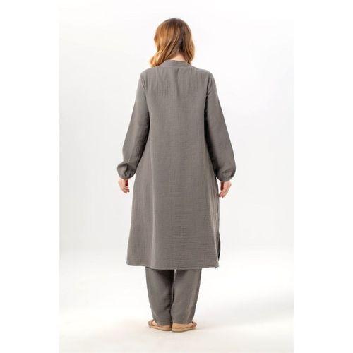 Uzun Kol Yaren Hakim Yaka Yazlık Müslin Tunik Gri Gri