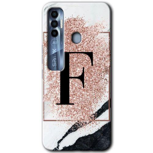 Tecno Spark 7 Pro Kılıf HD Desen Baskılı Arka Kapak - Pembe Mermer Desenli F Harfi + Kırılmaz Cam