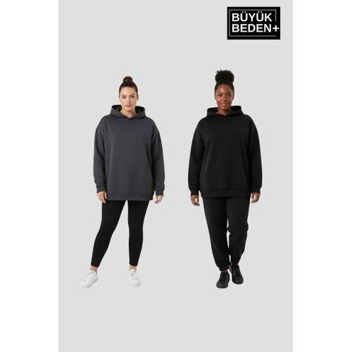 Kadın Büyük Beden 2  li Set Kapşonlu Kollar Ve Etek Ribanalı ince Swatshırt SPR26BSWK957+2