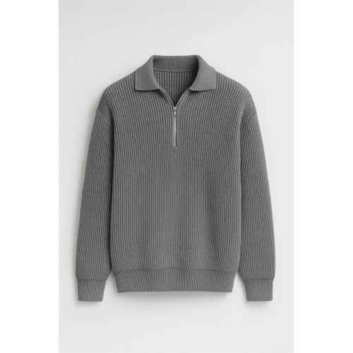 Gibson Oversize Yarım Fermuar Gömlek Polo Yaka Selanik Örme Erkek Triko Kazak - Füme
