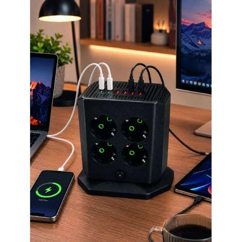Akım Korumalı 8'li Dikey Priz 4 Usb 2 Type-c Hızlı Şarj Destekli Çoklu Priz