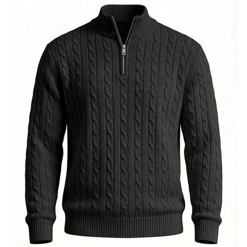 Bardem Saç Örgülü Yarım Fermuar Erkek Triko Kazak - Siyah