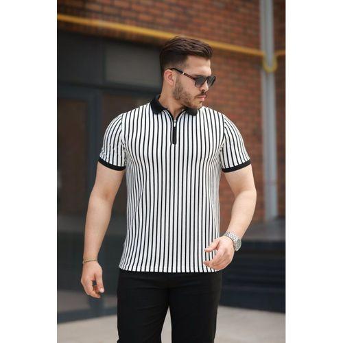 Erkek çizgili Fermuar Yakalı Kısa Kollu Tişört