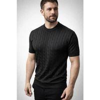 Erkek Yazlık Triko Dokuma Tişört Kısa Kol Bisiklet Yaka Örgü Desenli T-Shirt - Siyah