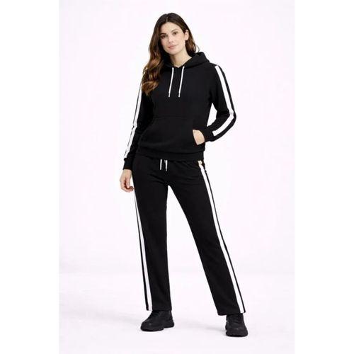 KADIN Yandan Şeritli Eşofman Takım Kapüşonlu Sweatshirt Boru Paça Alt, Oversize 3 Iplik Pamuklu - Siyah