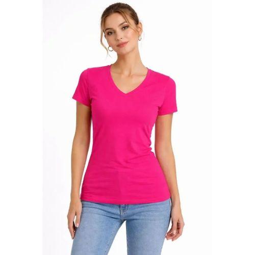 T-Shirt V Yaka Slim Fit Likralı Tişört Günlük Basic Body - Pembe