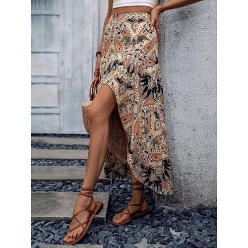 Kadın Yüksek Bel çiçek Desenli önü Asimetrik Detaylı Uzun Süprem Etek