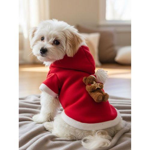 Uncle Teddy Kırmızı Xmas Köpek Kıyafeti | Kapüşonlu Polar Noel Sweatshirt | Küçük Irklar İçin