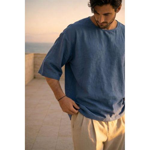 Castiel Bisiklet Yaka Fakir Kol Oversize Kısa Kol T-shirt - Mavi