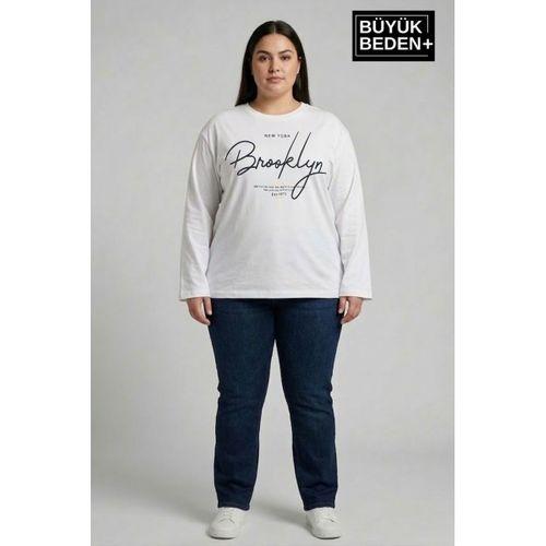 Kadın Büyük Beden El Yazılı Brooklyn Baskılı 2 İplik Bisiklet Yaka Tişört SPR26BTSK942-6