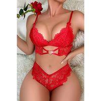Kadın Kırmızı Kalp Tokalı Çapraz Lastik Detaylı Dantel İç Çamaşır Takımı