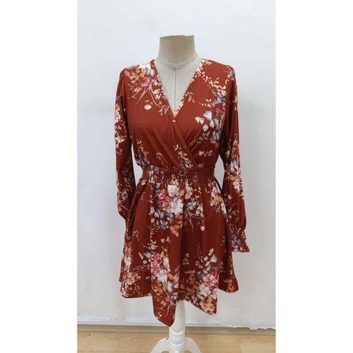 Kadın Uzun Kollu Kruvaze Yakalı çiçek Desenli Mini Süprem Elbise