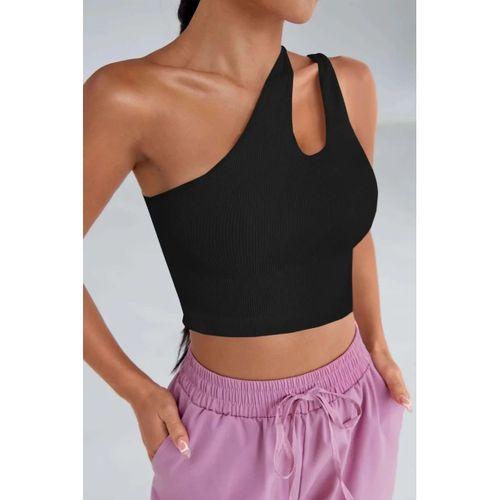 Kadın Siyah Tek Omuz Cut Out Detaylı Crop Top Bluz