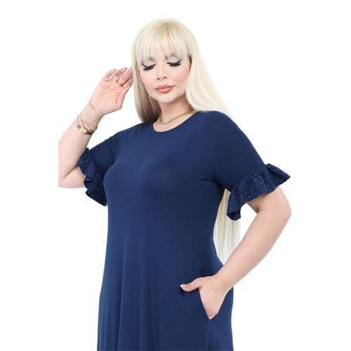 Melsay Butik Kolları Taş Baskılı Fırfırlı Kısa Kollu Lacivert Kadın Midi Elbise