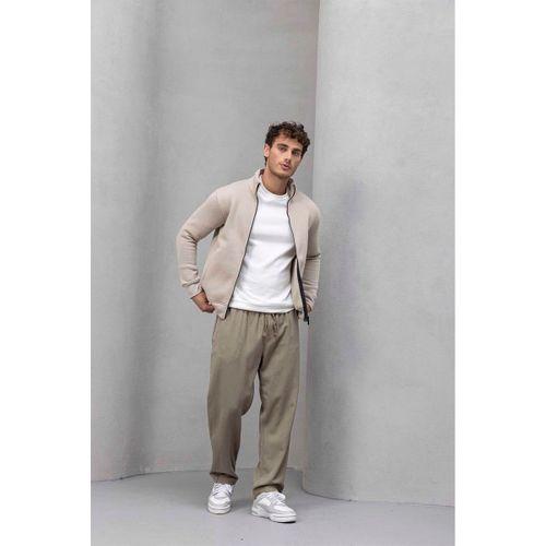 Marcel Regular Fit Fermuarlı Kıstırma Cepli Üç İp Şardonlu Erkek Sweatshirt - Taş