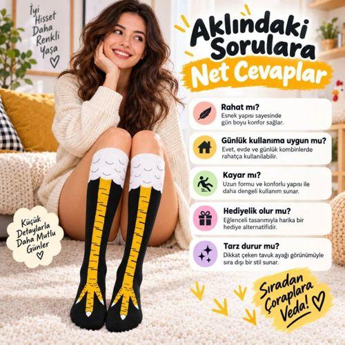 Kadın Diz Üstü Tavuk Ayağı Desenli Çorap Siyah Sarı Uzun Eğlenceli Kostüm Parti Günlük Çorabı Modeli