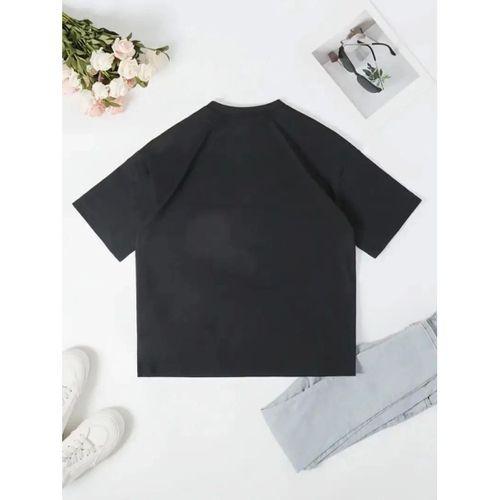 Baskılı Oversize Bisiklet Yaka T-shirt - Siyah