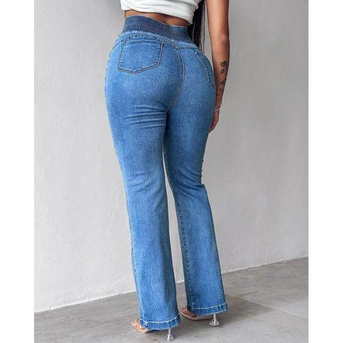 Kadın Yüksek Bel Yanları Lastik önü Düğmeli Kot Pantolon