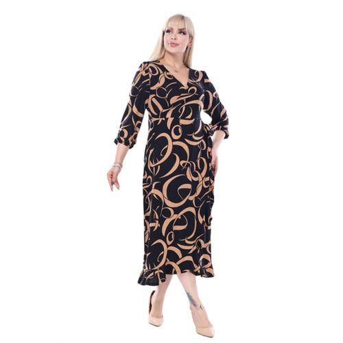 Melsay Butik Kruvaze Yaka Taba Dalga Desen Anvelop Midi Elbise