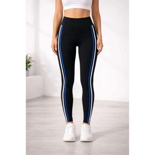 Likralı Yan Beyaz Mavi Şeritli Detaylı Tayt - Siyah