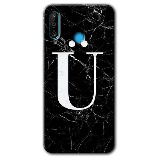 Huawei P30 Lite Kılıf Baskılı Kapak - Siyah Mermer Desenli Ü Harfi +Tam Kaplayan Mat Seramik