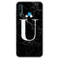 Huawei P30 Lite Kılıf Baskılı Kapak - Siyah Mermer Desenli Ü Harfi +Tam Kaplayan Mat Seramik