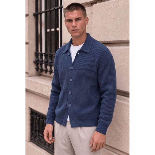 Palermo Oversize Selanik Örgü Düğmeli Erkek Triko Hırka - İndigo