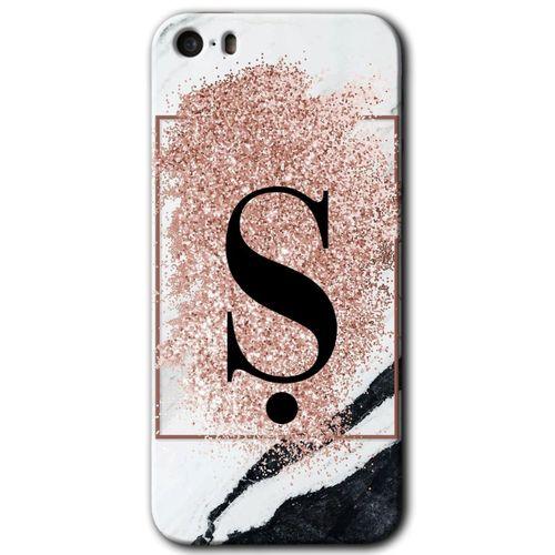 iPhone 5s Kılıf HD Desen Baskılı Arka Kapak + Temperli Cam - Pembe Mermer Desenli Ş Harfi