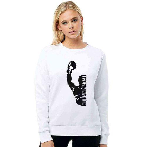 Muhammed Ali Yumruk Baskılı Beyaz Kadın Sweatshirt