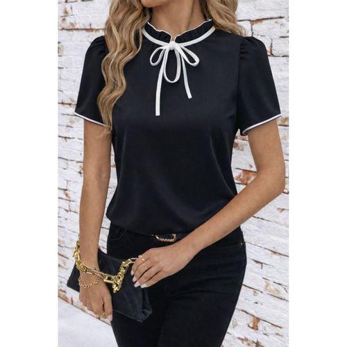 Kadın Kısa Kollu Yakası Fırfırlı Bağcıklı Janjan Krep Bluz