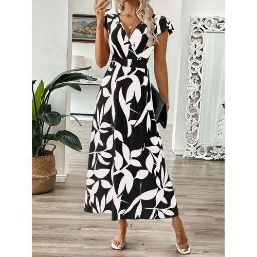 Kadın Kısa Kelebek Kollu Kruvaze Yaka Desenli Süprem Elbise