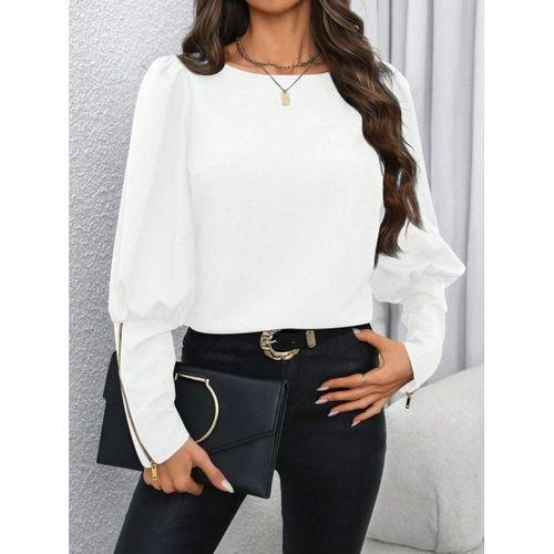Kadın Uzun Kollu Bisiklet Yaka Fermuar Detaylı Ithal Krep Bluz
