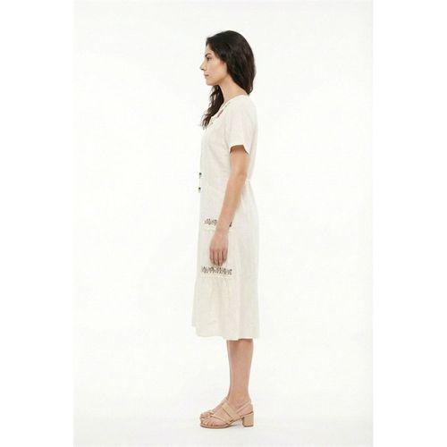 Kısa Kol Aynur Bisiklet Yaka Cepli Yazlık Vual Kısa Elbise Krem Krm