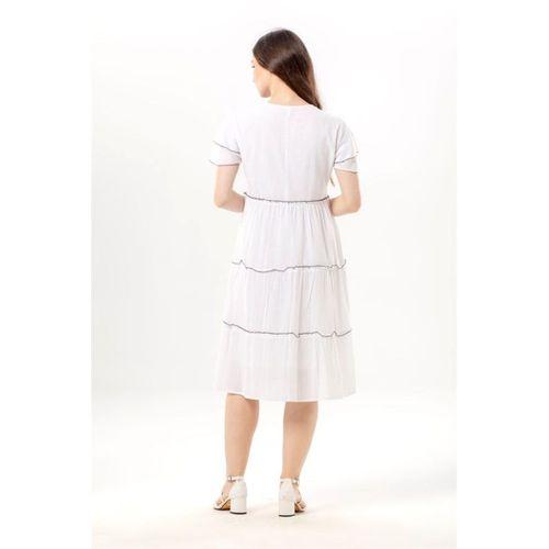 Kısa Kol Pullu Işıl V Yaka Şile Bezi Yazlık Midi Boy Otantik Elbise Beyaz Byz