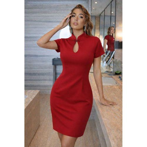 Kadın Kısa Kollu Damla Yaka Detaylı Yakası Bağcık Detaylı Kısa Ithal Krep Elbise