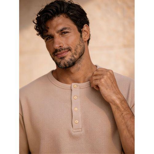 Roth Relaxed Fit Günlük Henley Yaka Waffle Kumaş Yazlık Kısa Kollu T-Shirt - Bej