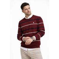 Erkek Bisiklet Yaka Cizgili Triko Kazak Yumuşak Dokulu Pamuklu Ince Dokuma, Uzun Kollu Rahat Regular Kalıp - Bordo