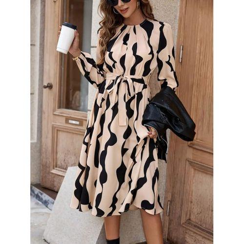 Kadın Uzun Kollu Bisiklet Yaka Belden Bağlamalı Desenli Belden Kuşaklı Mikro Süprem Midi Elbise