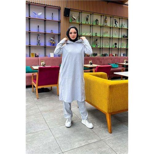 Kapşonlu Yandat Çıtçıtlı Sade Basic Uzun Tunik ve Pantolon İkili Spor Takım - 03071.008 - Gri