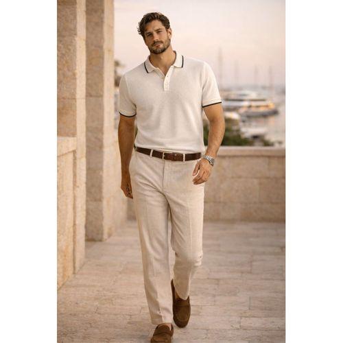 Balzac Yakası Şeritli Düğmeli Polo Yaka Basic Günlük Petek Örgü Triko Erkek T-Shirt - Ekru