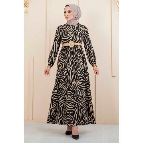 Zebra Desen Hasır Kemerli Tesettür Elbise