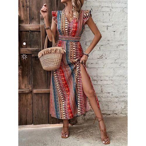 Kadın Kısa Kollu V Yakalı Desenli Yandan Yırtmaçlı Süprem Elbise