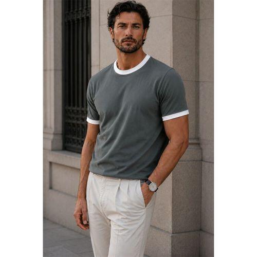 Capra Yaka Kol Biyeli Basic Pamuk Likralı İki İplik Erkek T-Shirt - CamYesili