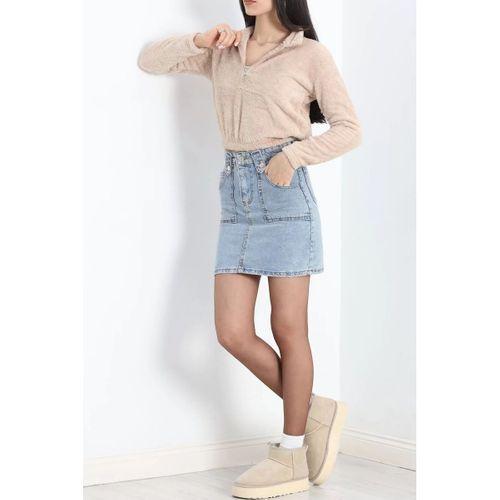 pilelistore Fermuarlı Crop Peluş Sweat Bej