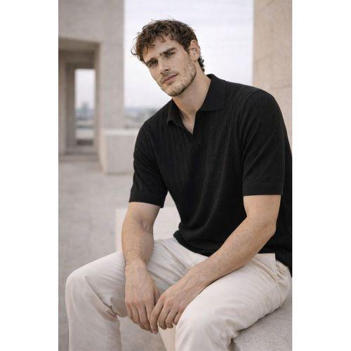 Nestor Saç Örgü Desenli Polo Yaka Regular Fit Örme İnce Triko Erkek T-Shirt - Siyah