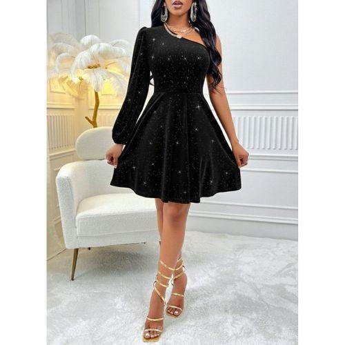 Kadın Tek Omuzdan Açık Uzun Kollu Taşlı Mini Elbise