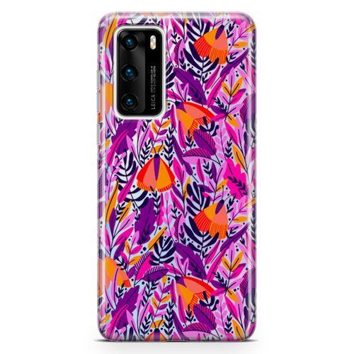 Huawei P40 Kılıf Pembe Turuncu Yaz Otları Arka Kapak Koruma Desenli Full Koruyucu