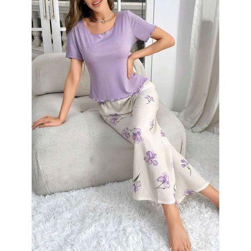 Kadın Mor Çiçek Desenli Uzun Pijama Takımı Yumuşak Pamuklu Rahat Ev Giyimi Özel Tasarım