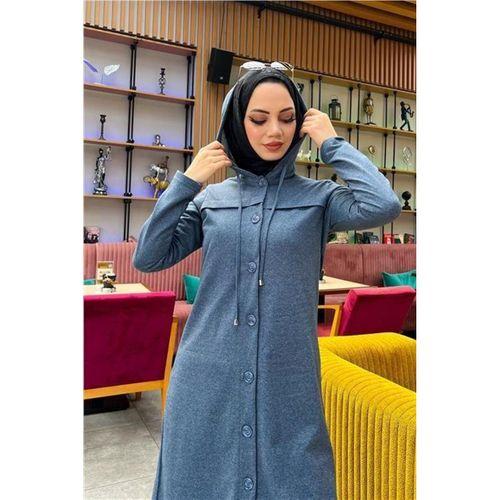 Kapşonlu Düğmeli Sade Basic Uzun Tunik ve Pantolon İkili Spor Takım - 03072.006 - İndigo