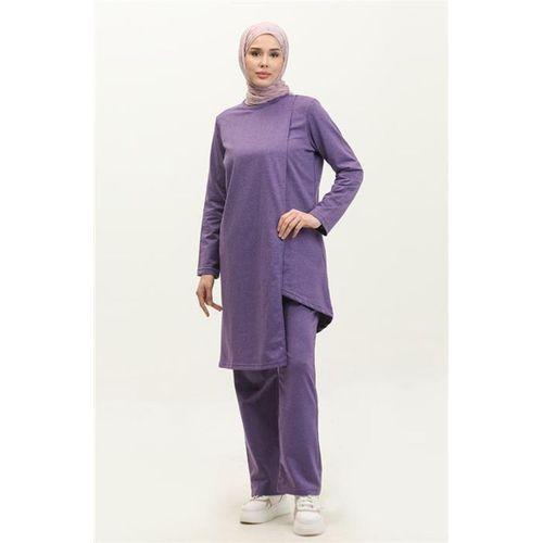 Kruvaze Bisiklet Yaka Sade Basic Tunik Panolon İkili Takım - 03076.207 - Koyu Lila